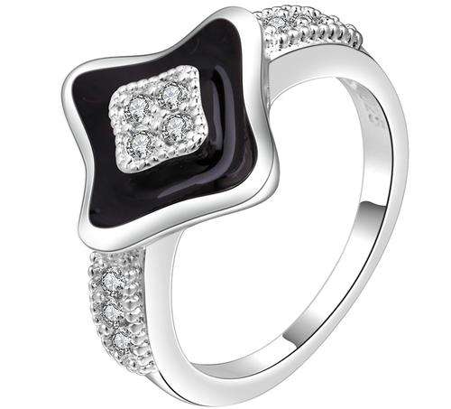 New 925 sterling silver filled stamped, Cute diamond shape ring with black detail and AAA crystals