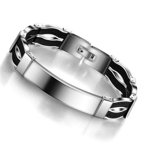 Genuine stainless steel mens bracelet with black silicon detail, 12mm wide