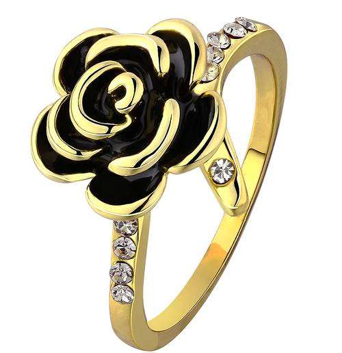 New 18K RGP Ladies Rose design ring with black detail and AAA Austrian crystals