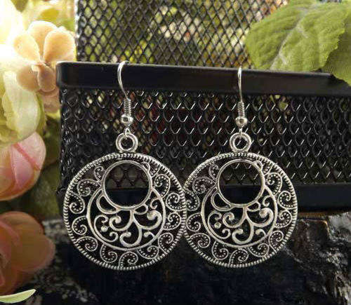 New Ladies delicate Tibetan silver circle earrings with intricate filigree style detail work