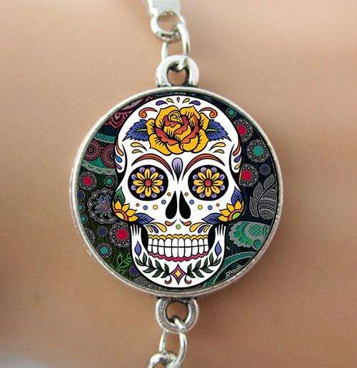 New 925 sterling silver plated Sugar Skull style dome bangle bracelet (Only one left in this design)
