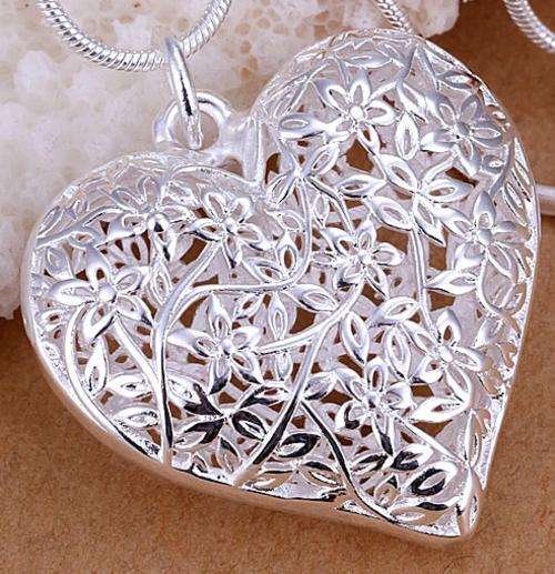 New 925 Sterling silver filled large Heart pendant with flower filigree detail + FREE chain included