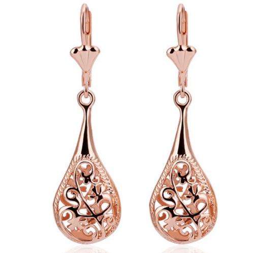New 18K RGP in rose gold Ladies waterdrop style earrings with filigree detail work