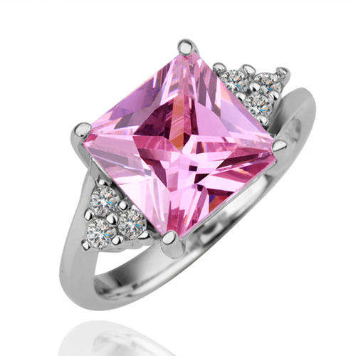 New 18K RGP in white gold, Ladies chunky 3ct Pink AAA genuine crystal ring with accent stones