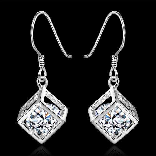 New 925 Sterling Silver filled square design dangle earrings with inner Crystal detail