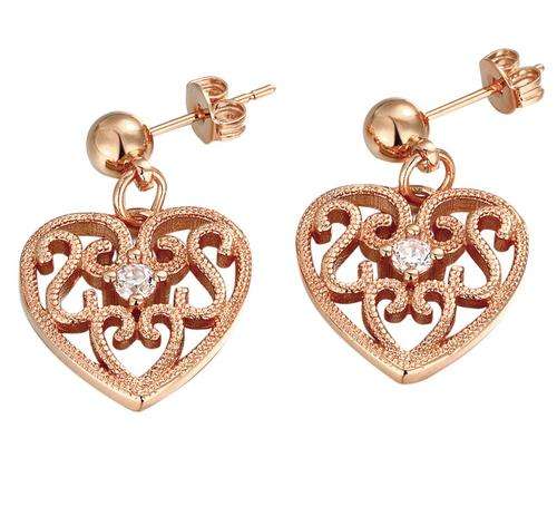 New 18K RGP in rose gold ladies heart dangle earrings with filigree detail