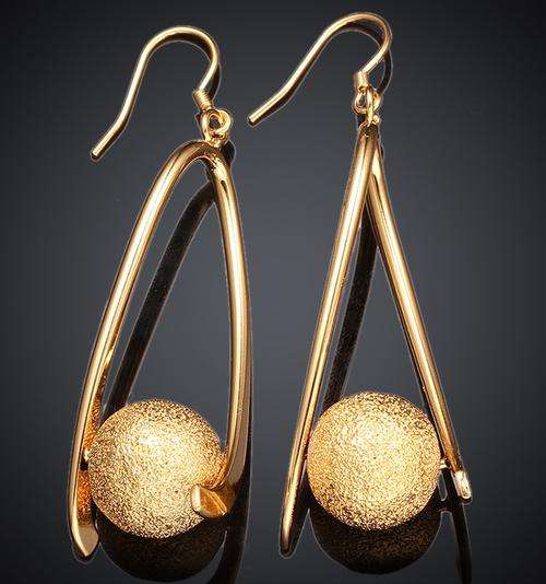 New 18K RGP in yellow gold, ladies long dangle earrings with frosting detail