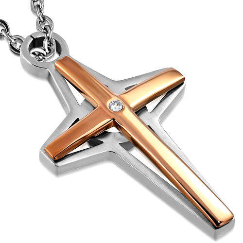 Stainless Steel 2-tone Cross Pendant w/ Clear CZ (comes with a free chain)