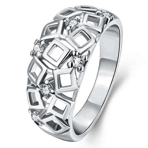 18K RGP in white gold, Chunky linked diamond shape ring with AAA genuine austrian crystals