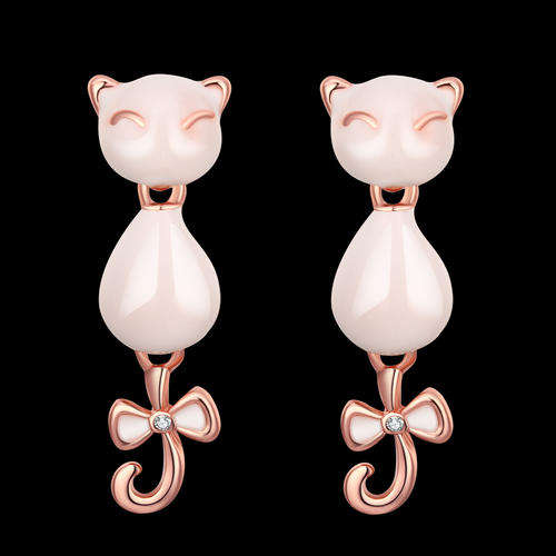 New 18K RGP in rose Gold, ladies cute kitty dangle earrings with shell pearl and crystal detail