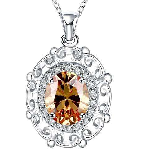 925 Sterling silver filled Ladies citrine color Crystal pendant with Filigree detail + FREE chain