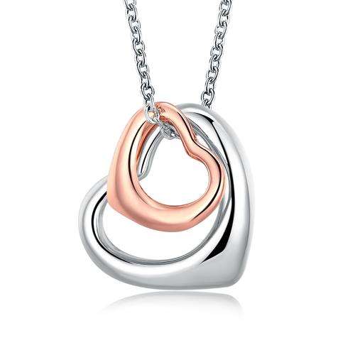 18K RGP in white and rose gold, Double heart pendant with FREE chain included