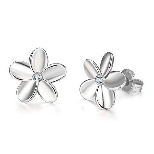 New 18K RGP in white gold, Flower design stud earrings with crystal detail