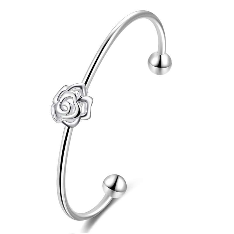 New 925 Sterling silver filled Elegant ladies cuff bangle with flower design detail