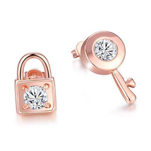 New 18K RGP in rose gold, Ladies Key and Lock earrings with crystal detail