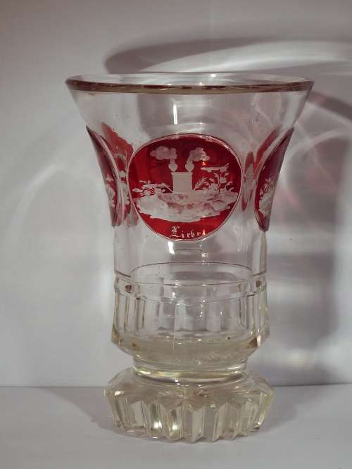 Bohemian engraved red and clear glass Gesundheit  goblet Circa 1890  1930. Ref GL-3
