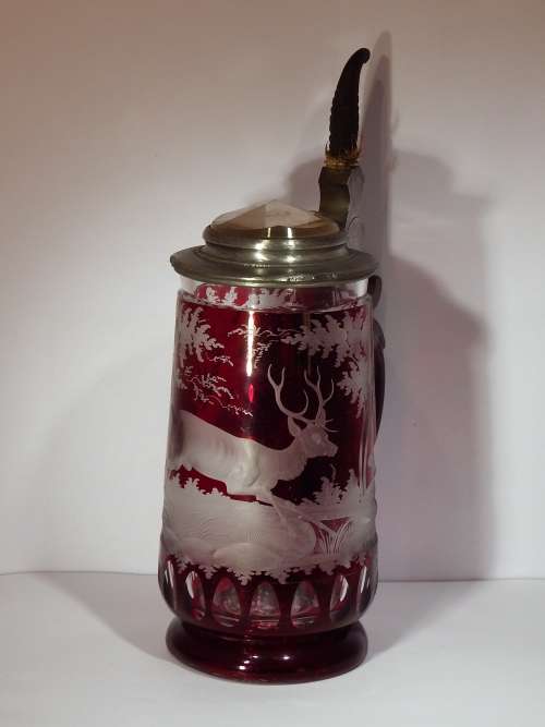 Exceptionally fine Austrian wheel engraved Ruby red glass Beer Stein circa 1860  1887.  Ref. GL-2