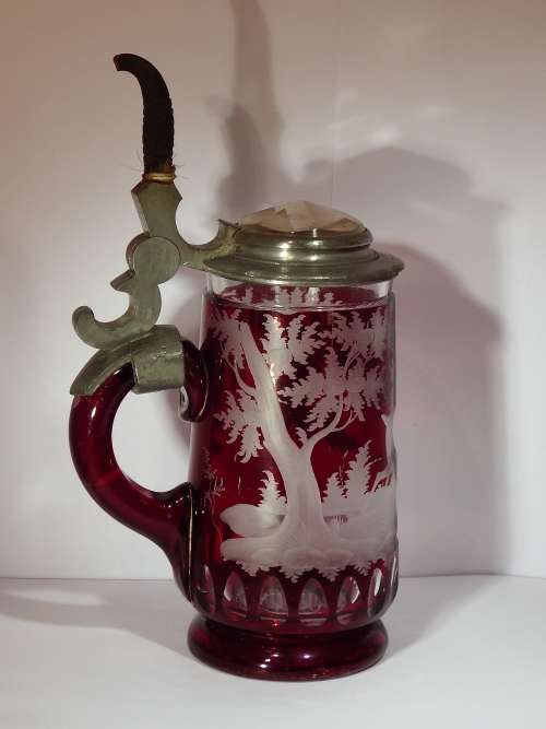 Exceptionally fine Austrian wheel engraved Ruby red glass Beer Stein circa 1860  1887.  Ref. GL-2