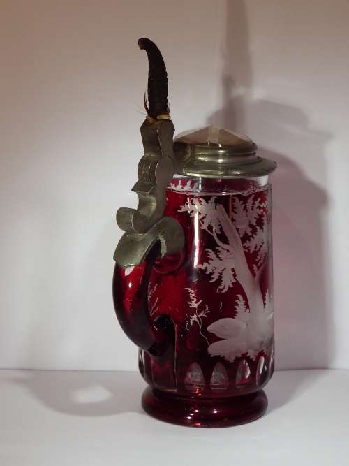 Exceptionally fine Austrian wheel engraved Ruby red glass Beer Stein circa 1860  1887.  Ref. GL-2