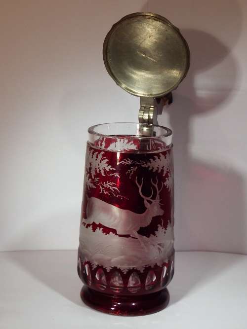 Exceptionally fine Austrian wheel engraved Ruby red glass Beer Stein circa 1860  1887.  Ref. GL-2