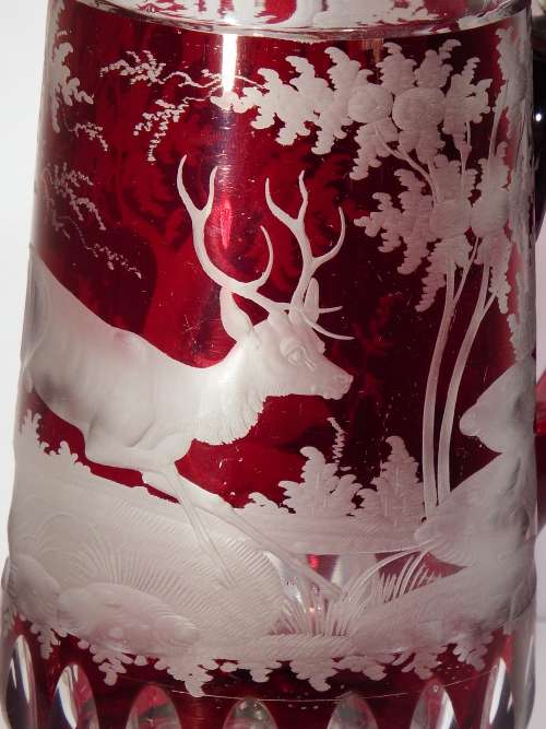 Exceptionally fine Austrian wheel engraved Ruby red glass Beer Stein circa 1860  1887.  Ref. GL-2