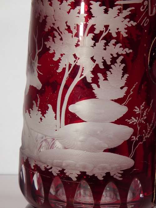 Exceptionally fine Austrian wheel engraved Ruby red glass Beer Stein circa 1860  1887.  Ref. GL-2