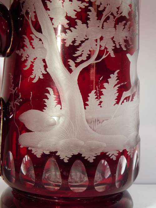 Exceptionally fine Austrian wheel engraved Ruby red glass Beer Stein circa 1860  1887.  Ref. GL-2