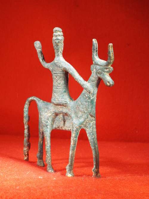 Ancient Geometric Era Greek Replica Bronze figurine of a `Woman on a Bull`. Ref. MA-25