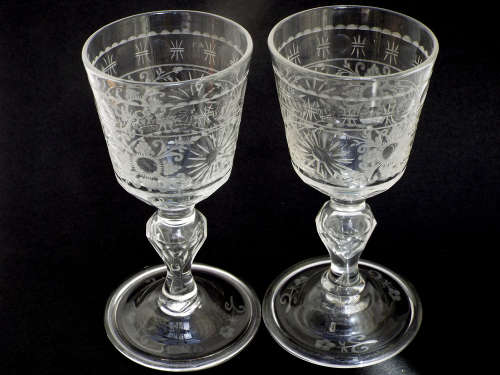 A pair of Engraved Bucket-bowl Georgian Port Wine or Dram Glasses. Circa 1790-1820./ Ref.GL/6