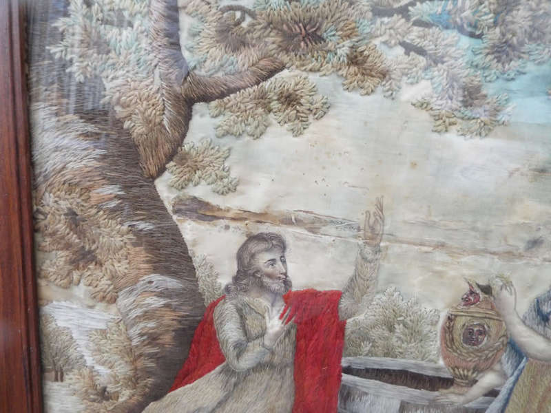 An antique Georgian painted Silk and Embroidered Jesus and Rebecca at the Well Ref. AR/19