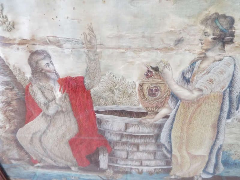 An antique Georgian painted Silk and Embroidered Jesus and Rebecca at the Well Ref. AR/19