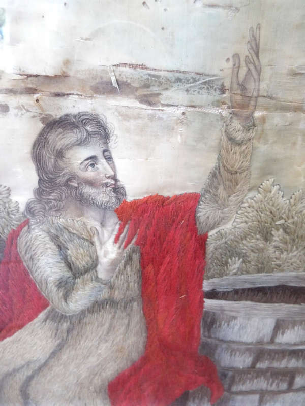 An antique Georgian painted Silk and Embroidered Jesus and Rebecca at the Well Ref. AR/19