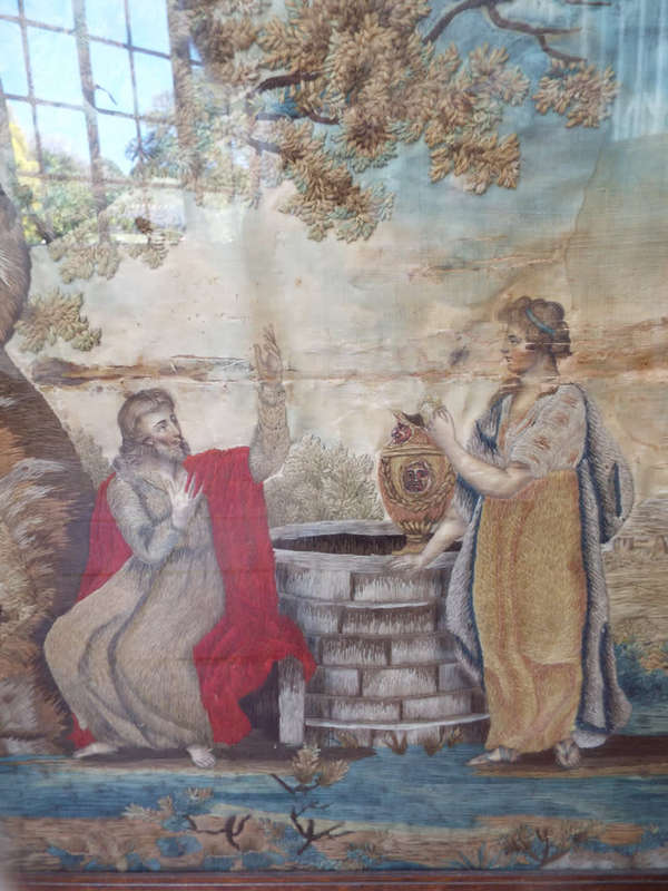 An antique Georgian painted Silk and Embroidered Jesus and Rebecca at the Well Ref. AR/19