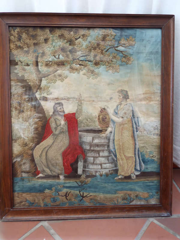 An antique Georgian painted Silk and Embroidered Jesus and Rebecca at the Well Ref. AR/19