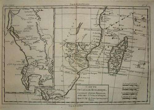 1780 - Bonne 'Carte Du Canal de Mozambique' east and west coasts of Southern Africa and Mozambique