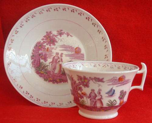 Antique Georgian Hilditch and Son Porcelain `Lady in Garden` duo c1822-1830 Ref. C13