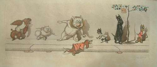 Boris O'Klein , handcoloured engraving signed in pencil, Naughty Dogs of Paris series. Ref. AR1