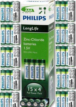 Philips LongLife Battery 60 pieces (15 x 4 packs) R03L60T AAA / R03 Zinc Chloride , 1.5V , Retail Bo