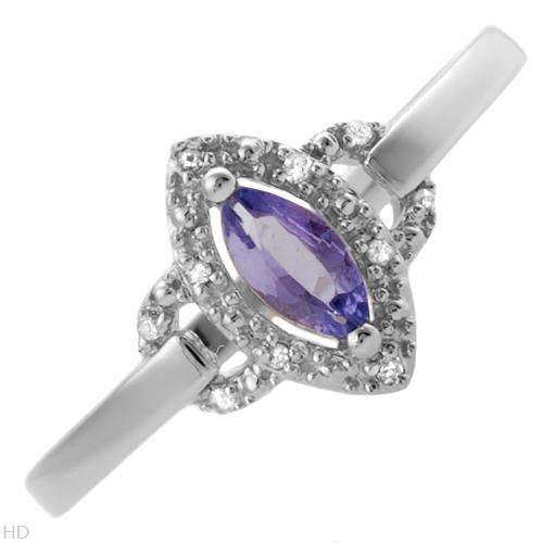 STUNNING RING WITH 1 GENUINE TANZANITE & 10 GENUINE DIAMONDS IN 10KT WHITE GOLD
