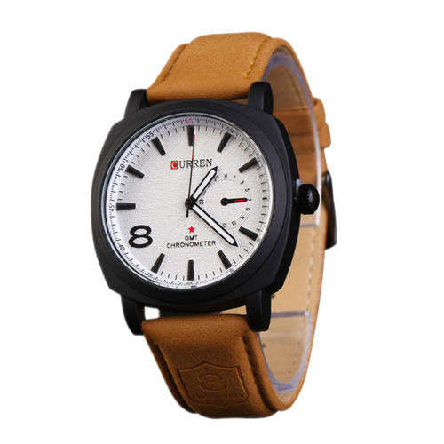 CURREN 8139 Unisex Quartz Watch Time Showed by Number and Trapezoids Leather Watchband  -  WHITE