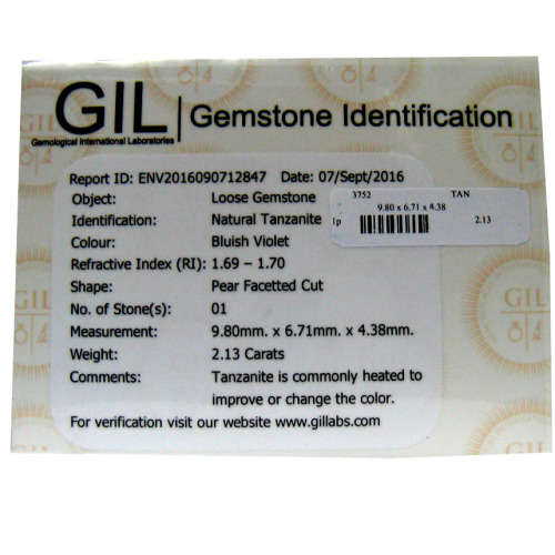 Sought After *TANZANITE* 2.13ct CERTIFIED PEAR Shaped VVS Tanzanite GIL CERTIFIED