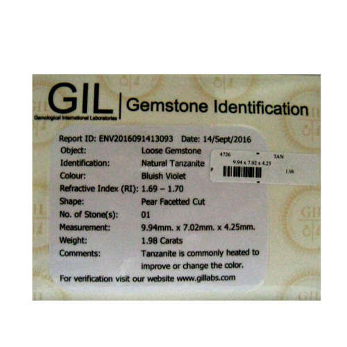 Sought After *TANZANITE* 1.98ct CERTIFIED PEAR Shaped VVS Tanzanite GIL CERTIFIED