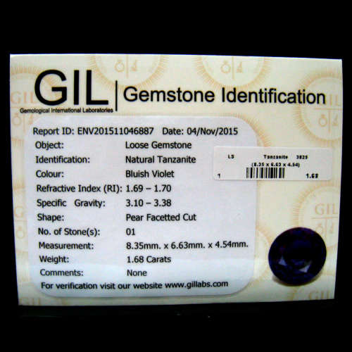 Sought After *TANZANITE* 1.68ct CERTIFIED PEAR Shaped VVS Tanzanite GIL CERTIFIED