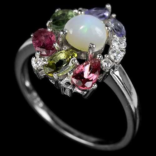 NATURAL MULTI COLOR OPAL TOURMALINE TANZANITE & CZ STERLING 925 SILVER RING 7