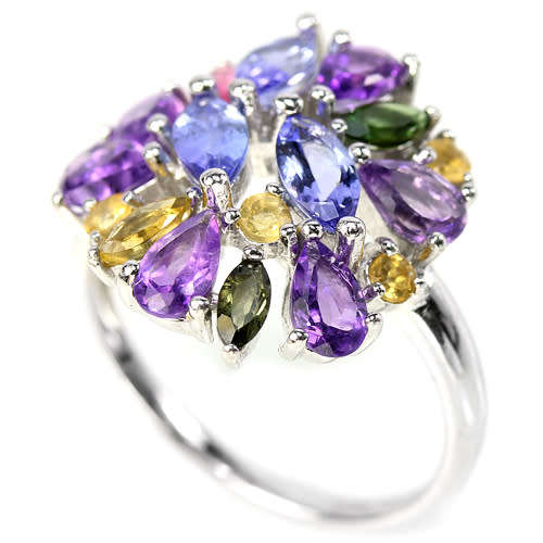 NATURAL AAA TANZANITE CITRINE AMETHYST & TOURMALINE STERLING 925 SILVER RING 7
