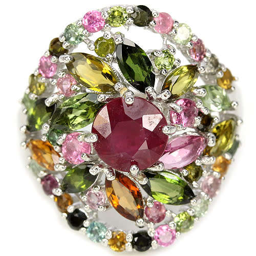 GENUINE BLOOD RED RUBY & MULTI COLOR TOURMALINE STERLING 925 SILVER RING 7.25