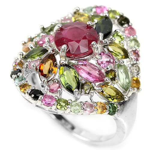 GENUINE BLOOD RED RUBY & MULTI COLOR TOURMALINE STERLING 925 SILVER RING 7.25