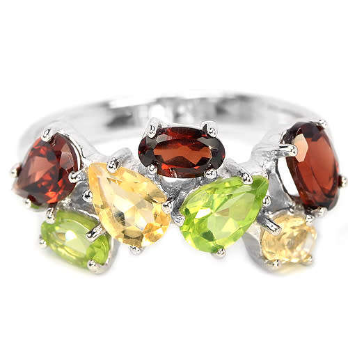 ALLURING NATURAL MULTI COLOR GARNET CITRINE & PERIDOT STERLING 925 SILVER RING 7