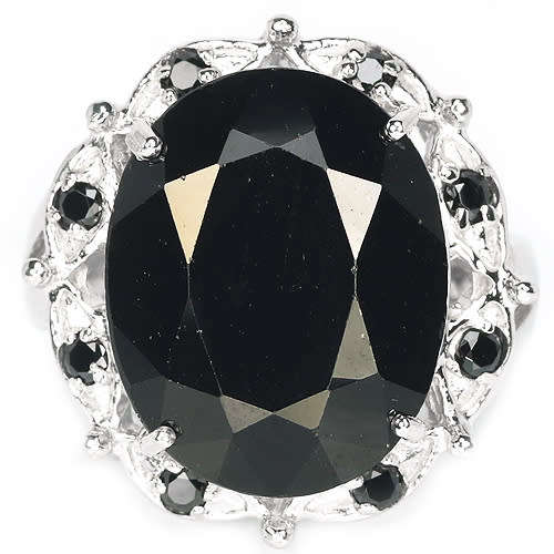 12.40CT. NATURAL 16X13MM. OVAL AAA BLACK SPINEL ,CZ STERLING 925 SILVER RING 5.5