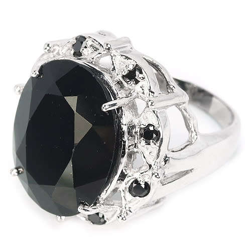 12.40CT. NATURAL 16X13MM. OVAL AAA BLACK SPINEL ,CZ STERLING 925 SILVER RING 5.5